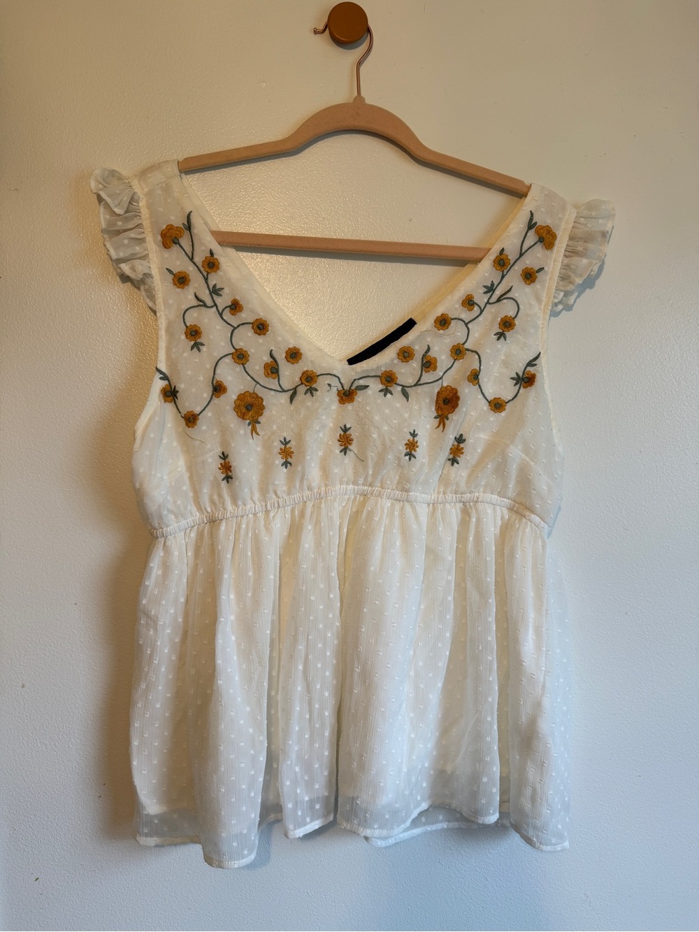 Francesca’s Blue Rain Large White Floral Embroidered Babydoll Top